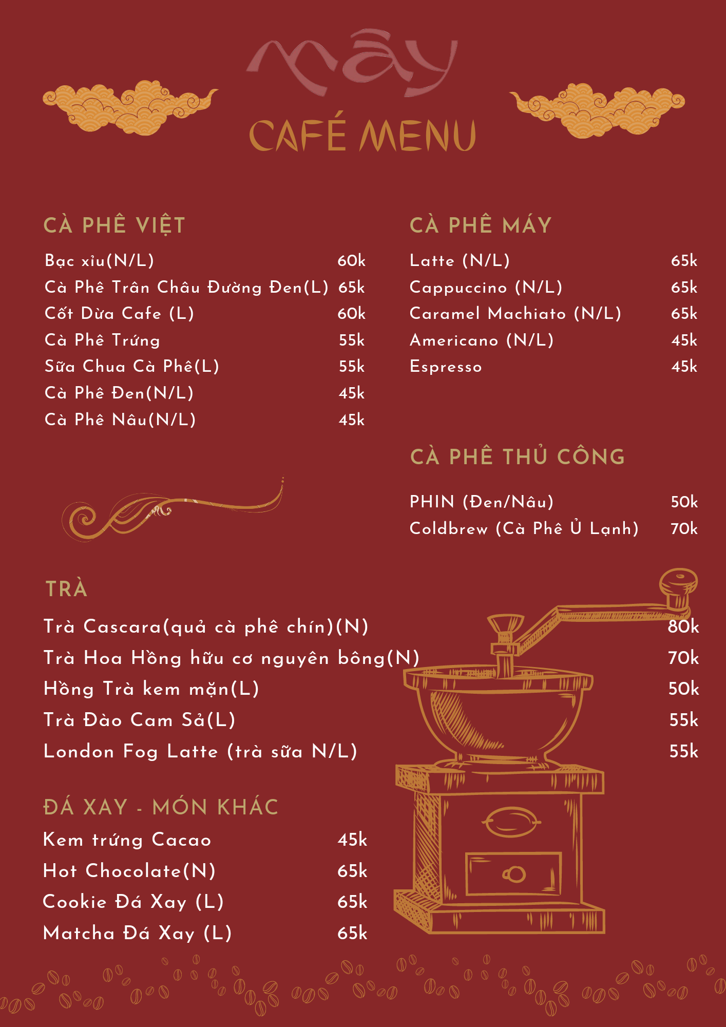 Menu Mây Café & Bakery Ninh Bình